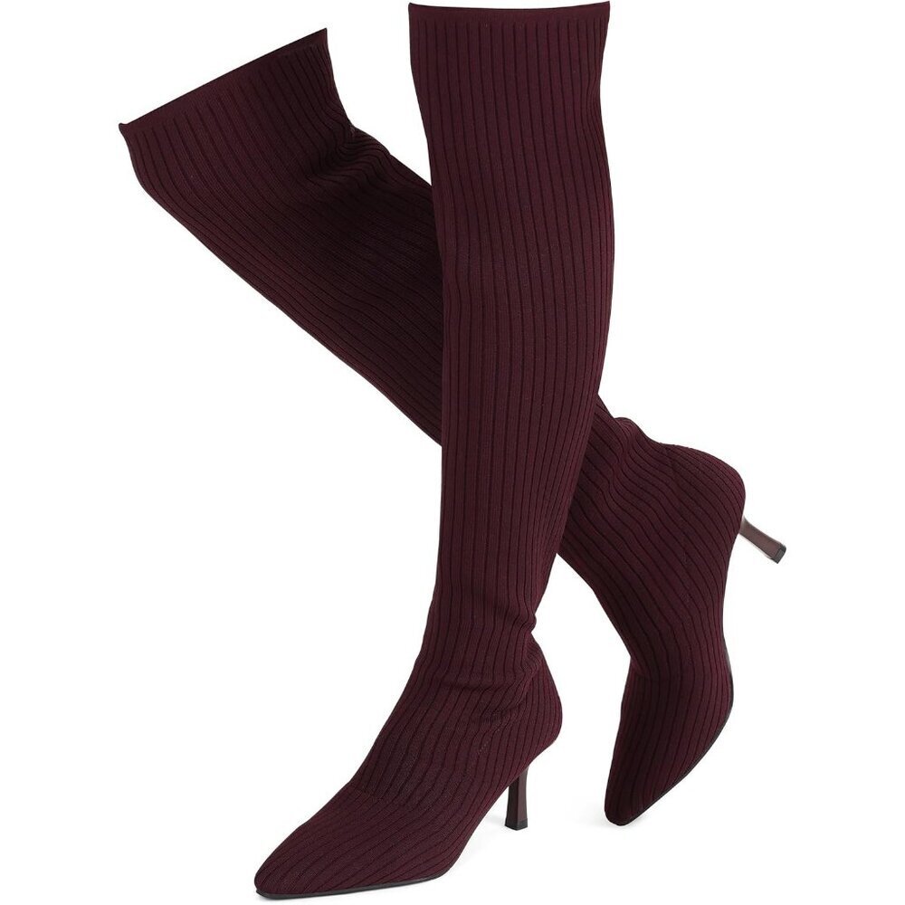 Women's Claret Thigh High Socks Pointed Toe Over-the- Knee High Heel Boots